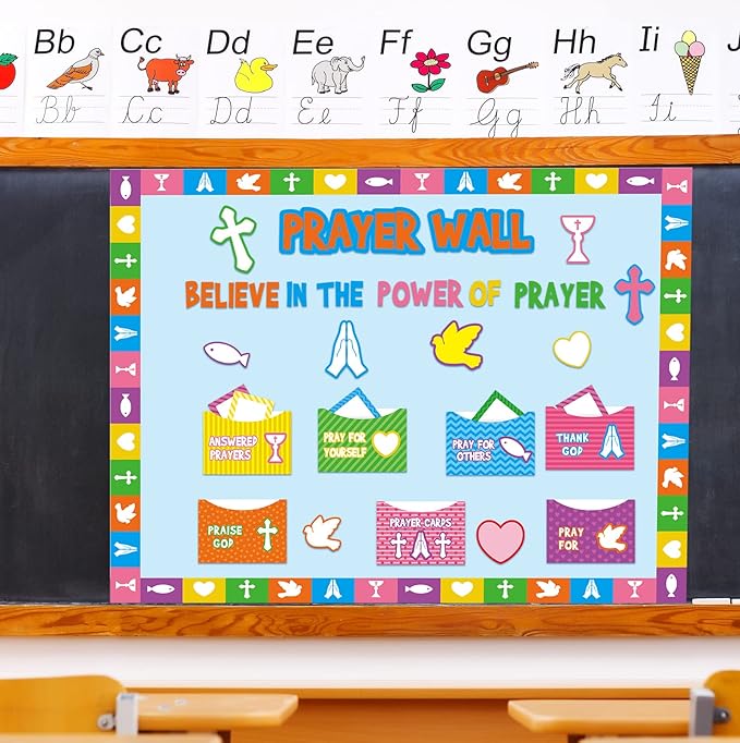 Geelin 184 Pcs Prayer Wall Bulletin Board Set Cork Board Religious Decor Rainbow Christian Bulletin Board Sets Sunday School Decorations for Classroom School Church Home Blackboard Chalkboard Wall