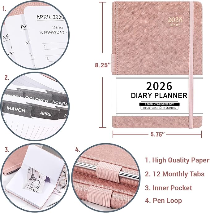 2026 Appointment Book & Planner - Jan. 2026 - Dec. 2026, Daily Hourly Planner 2026, 5.75" X 8.25", 60-Minute Interval, Faux Soft Leather Cover, Premium Paper with Pen Holder, Inner Pocket - Rose Gold