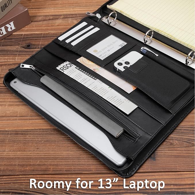 Leather Portfolio with 3 Ring Binder, Vegan Leather Padfolio Zippered, A4 Notebook Holder Laptop Sleeve Professional Business Organizer Gift for Men and Women, Black