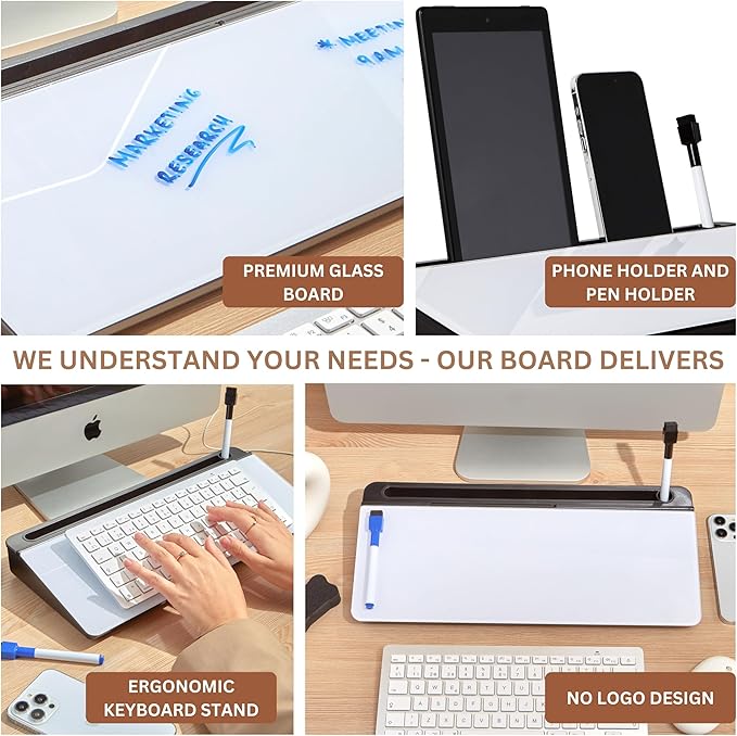 GAROOD Desktop Dry Erase Board with Storage (Black Base) Desk White Board Desk Board Glass Desktop White Board with Stand Home Office Organizer Phone Holder 15.8X7X2 inches