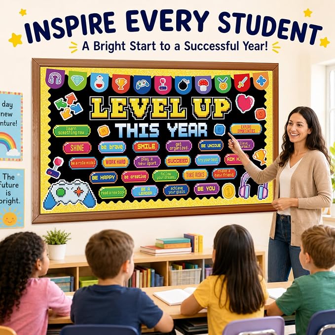 Video Game Bulletin Board Set Growth Mindset Classroom Decoration Level up This Year Bulletin Board Positive Affirmation Inspirational Game Cutouts for Back to School Chalkboard Wall Decor