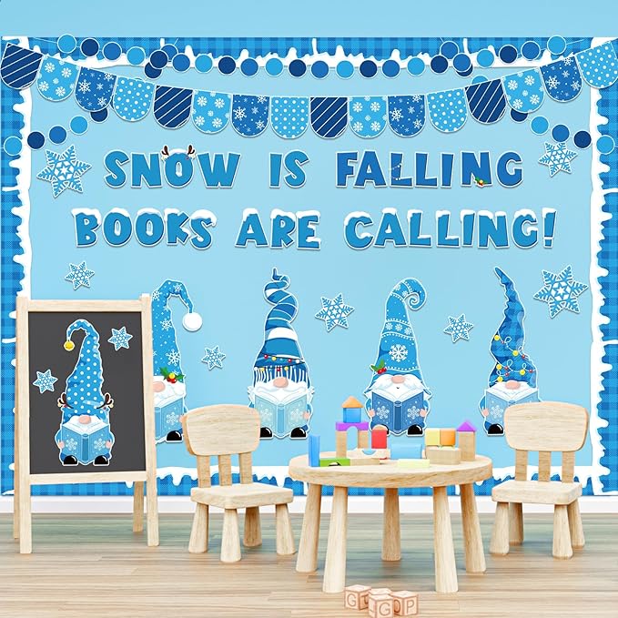 Winter Gnome Bulletin Board Set Snow is Falling Books are Calling Reading Classroom Decorations Blue Banner Snowflakes Paper Cutouts for Office Library Reading Corner Wall Holiday Display