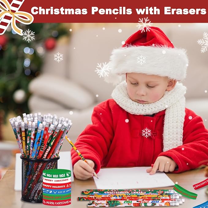 48 Pcs Christmas Pencils Set 24 Christmas Pencil with Eraser 24 Christmas Silicone Bracelets Xmas Wooden Pencils Christmas Wristband Rubber Bracelets Christmas Stocking Stuffers