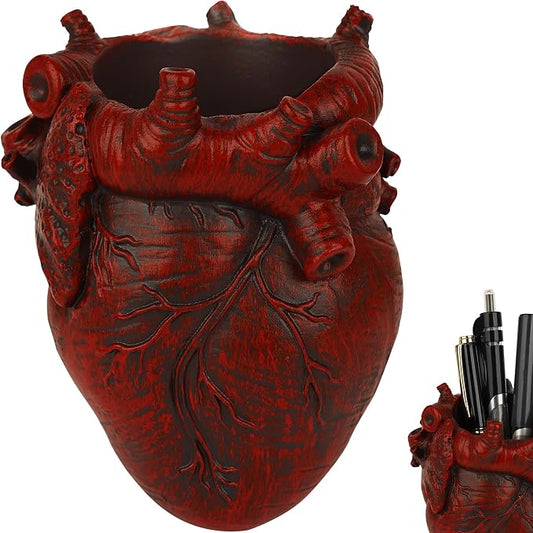Anatomical Heart Pencil Holder, Red Resin Organ-Shaped Pen Cup Desk Organizer, Realistic Human Heart Decor, Stable Base