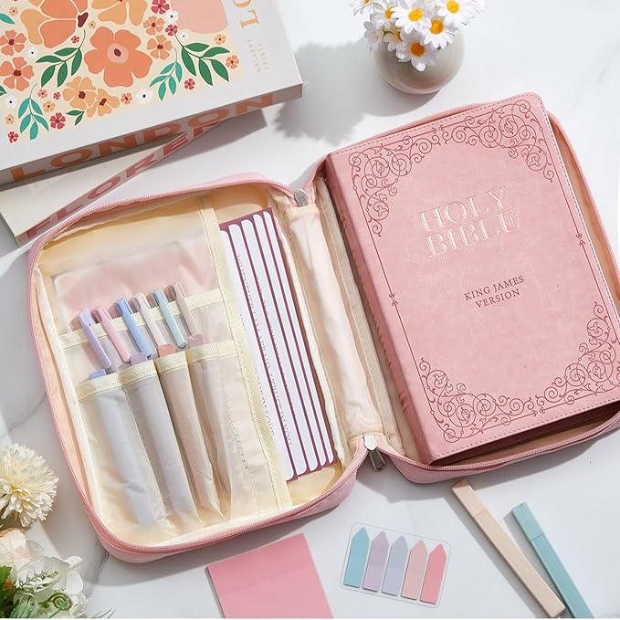Sinload 24 Pcs Bible Cover Case for Women, Bible Study Supplies, Large Chenille Letter Pink Carrying Tote Bag with Handle Easter Christian Gifts Party Favor