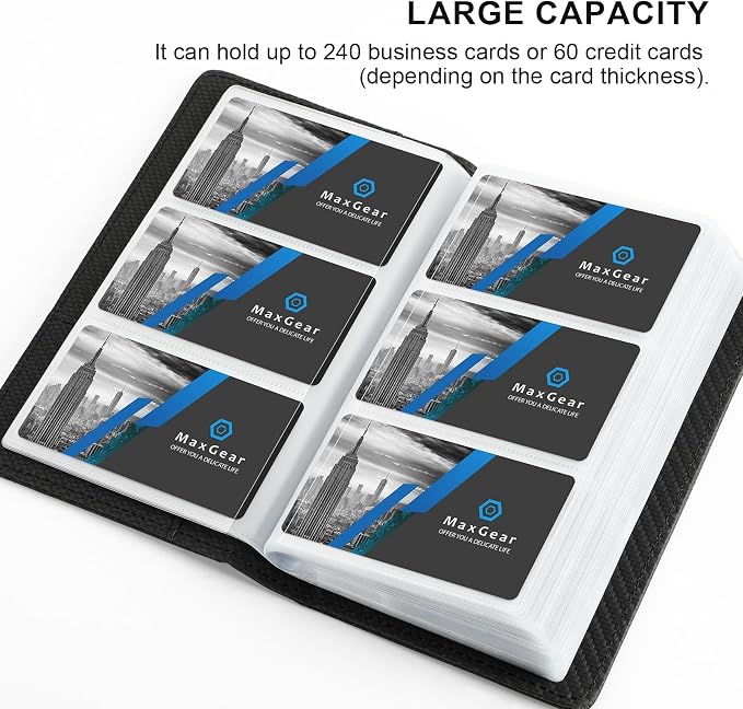 MaxGear Business Card Organizer, 240 Cards Book Portable Business Card Holder for Men & Women, Professional PU Credit Cards Binder File Storage, Black Carbon
