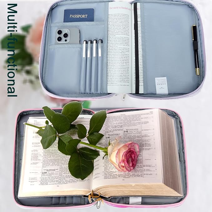 Octsky Bible Cover Carrying Book Case Church Bag Bible Protective with Handle and Zippered Pocket, Floral Purple