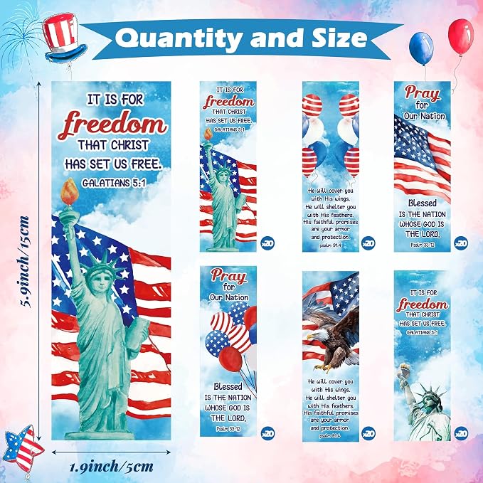 TICIAGA 250th Anniversary Watercolor Religious Bookmarks - 120Pcs 4th of July American Stars and Stripes Prayer Patriotic Bookmarks for Kids, Memorial Day Church Christian Giveaways for Sunday School