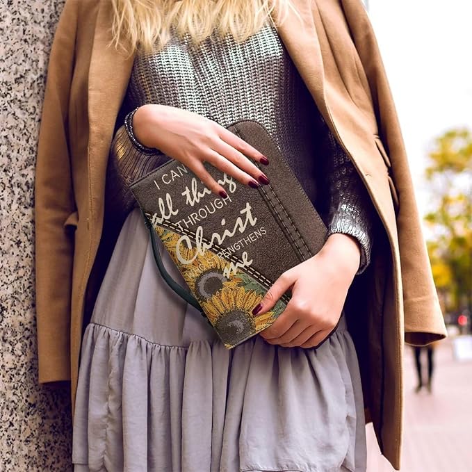 Sunflower Cowboy Bible Carrying Case Large Bible Covers for Woman Girl Portable Fall Bible Covers Case PU Leather Bible Bag with Handle