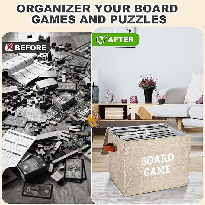 Board Game Storage Kit Include Storage Basket and 10pcs Zipper Bags, Board Game Organizer with Writable Stickers and Dispensing, Suitable for Puzzle, Document (1 Pack-Beige-Large)