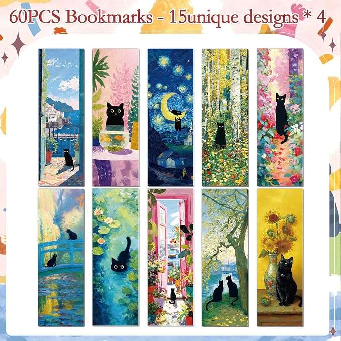 Black Cat Bookmarks Gifts - 60 Pcs Floral Animal Bookmarks Paper Cute Flower Cat Painting Book Mark Page Markers Clip Gift for Book Lover Women Men Student Classroom Teachers Bookish Reading