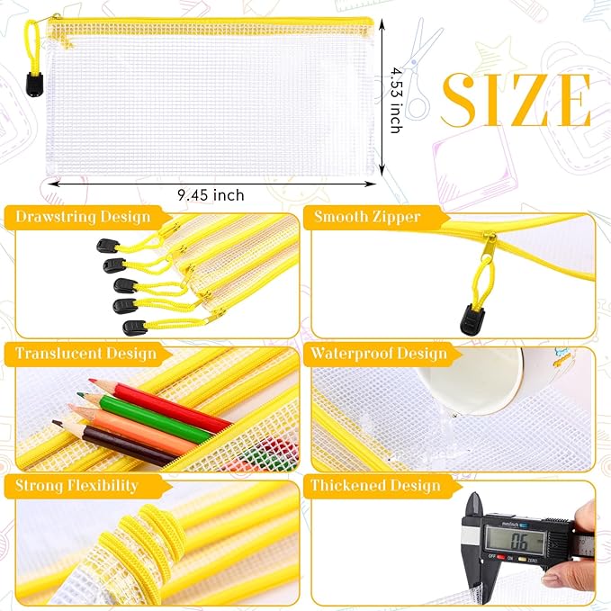 Sherr 120 Pcs Mesh Zipper Pouch A6 Pencil Pouches Bulk Small Clear Mesh Bags with Zipper 9.45'' x 4.53'' Waterproof File Bag Pencil Case for School Office Travel Organization(Yellow)