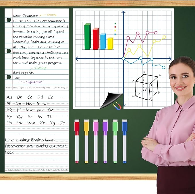 Giant Magnetic Graph Grid XY Coordinate Paper for Whiteboard Dry Erase Magnetic Lined Notebook Handwriting Paper Magnets with 6 Writing Pen for Teacher Math Classroom Must Have