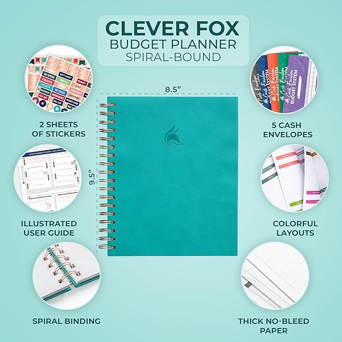 Clever Fox Budget Planner – Coiled Finance Book, Monthly Financial Journal, Budgeting Organizer & Expense Tracker Notebook, 8.5x9.5″ (Turquoise)