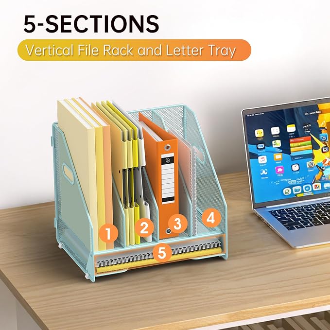 Docnest Desk File Holder Sorter, 4 Vertical Compartments Rack with Letter Tray, Mesh Magazine File Holder with Handle,Workspace Organizers,Desk Organizers for Paper, Mail, Documents-Blue