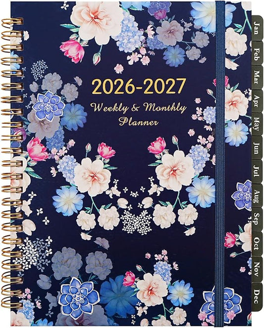 2026-2027 Planner, 12 Months Monthly & Weekly Daily Planner July 2026 - June 2027, 8.5" x 6.2" Hardcover Agenda Organizer with Tabs, Spiral Bound Calendar Notebook for School Work Home, Floral Design (Blue & Floral)