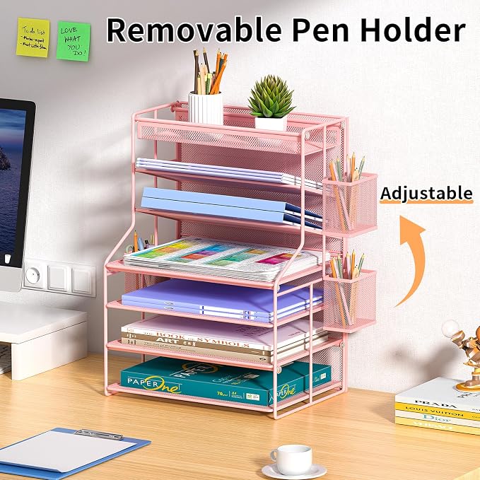 Pink 7 Tier Desk File Organizer, Letter Tray Paper Organizer with Pen Holder and Metal Hanging Basket, Adjustable Vertical Desk Organizer for Office Desk Accessories