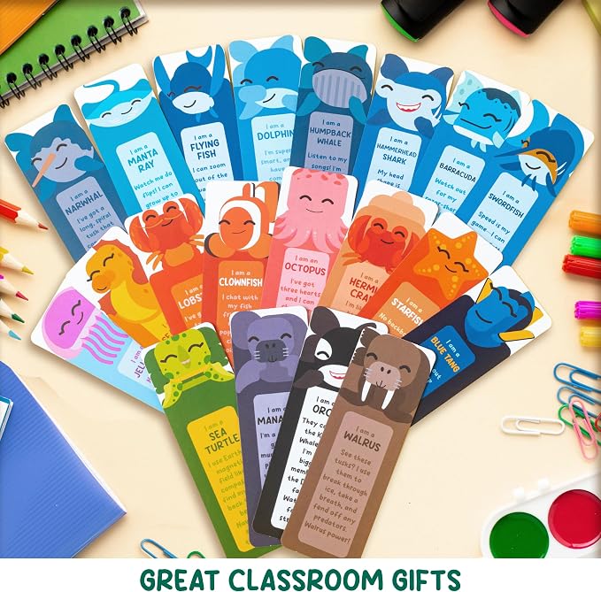 100 Pack Bookmarks for Kids, Bulk Book Marks for Reading with Cute Sea Animals Fun Facts | Classroom Rewards, Back to School Gifts for Students