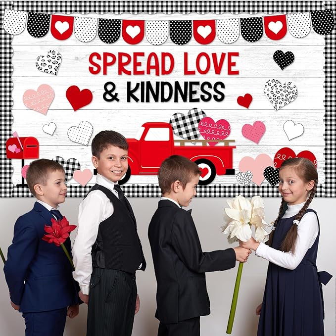 Valentine's Day Bulletin Board Set Valentines Day Classroom Decorations Black White Paper Cutout Love Red Truck Heart Bulletin Board Border for School Chalkboard Door Supplies