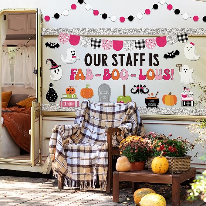 JarThenaAMCS 97Pcs Halloween Ghost Bulletin Board Decoration Set Pink Cute Ghost Boo Pumpkin Paper Cutouts with 100Pcs Glue Points for Halloween Birthday Party Classroom