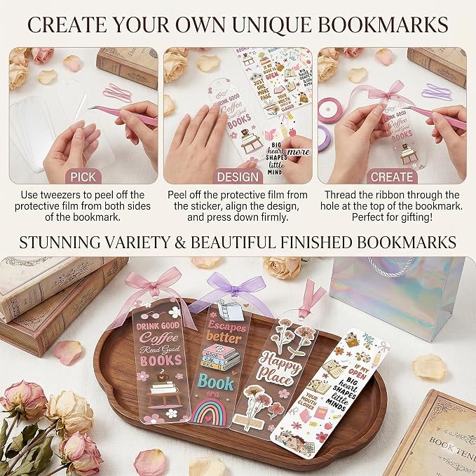 Acrylic Bookmark Blanks, 86 Pcs DIY Bookmark Making Kit with Organizer Box, 1.37x5.5 Clear Acrylic Bookmarks, UV DTF Decals, Make Your Own Bookmarks for Women & Book Lovers (Pink Bowknot)