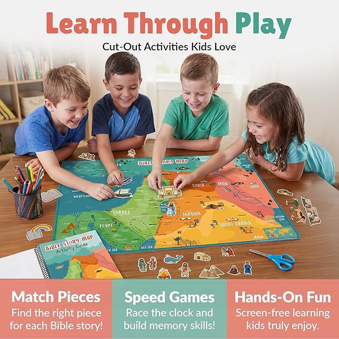Bible Story Map Poster – Large Double-Sided (27" x 37") Sunday School Decorations for Classroom - Biblical Map of Israel and Holy Land for Bulletin Board – Includes Educational Games & Memory Activities on one side. 70 illustrated Bible Story Images an...