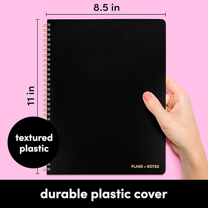 PAPERAGE Undated Daily Planner & To Do List Notepad (Black), 8.5 in x 11 in, Spiral Bound Planner Notebook for Work, School or Home, 104 Lined Pages With Date Tracker for Plans & Notes