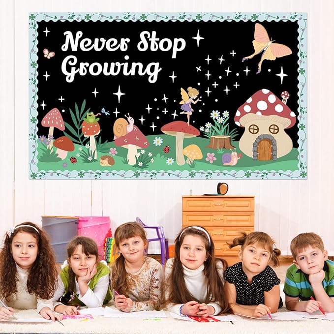 Forest Bulletin Board Decorations Set Mushroom House Spring Summer Never Stop Growing Paper Cutouts Fairy Tale Story Bulletin Boarder Elf Flower Classroom Supplies for Motivational School Party Decor