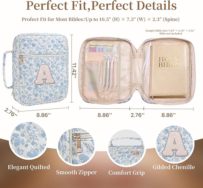 Personalized Initial Bible Cover Case for Women – Large Quilted Bible Bag with Handle, Chenille Letter, Bible Study Kit, Christian Gift for Mom, Grandma & Daughter (Blue Floral-A)