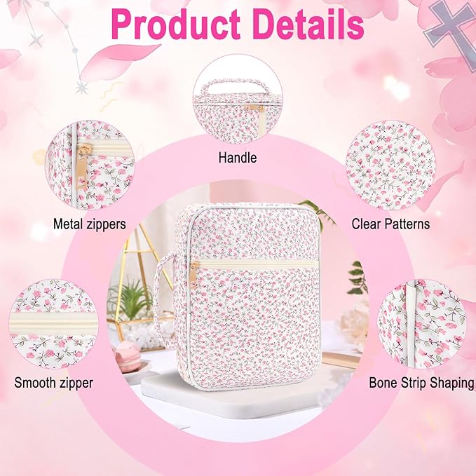 Zkptops Bible Cover Case for Women Girls Pink Large Bible Bag Cotton Quilted Floral Bible Carrying Case with Zipper Pocket and Handle Christian Carrying Book Cover for Christian Study Supplies