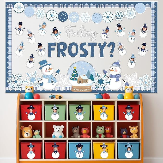 Justforjoyful Winter Bulletin Board Decoration Winter Snowman Cutouts DIY Photo Crafts Christmas Snowflake Cutouts Bulletin Board Set for Holiday Xmas Chalkboard Wall Classroom Decor School Supplies