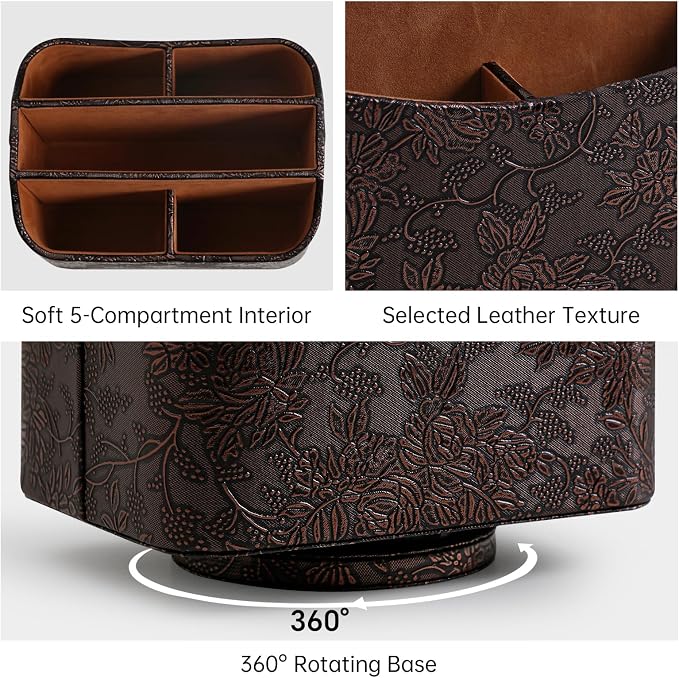 PU Leather Remote Control Holder, 360 Degree Rotating Desk Organizer Luxury Desktop Storage Rack, Rotating Bedside Storage Box for Desktop Office Living Room Bedroom (Brown Grape Pattern)