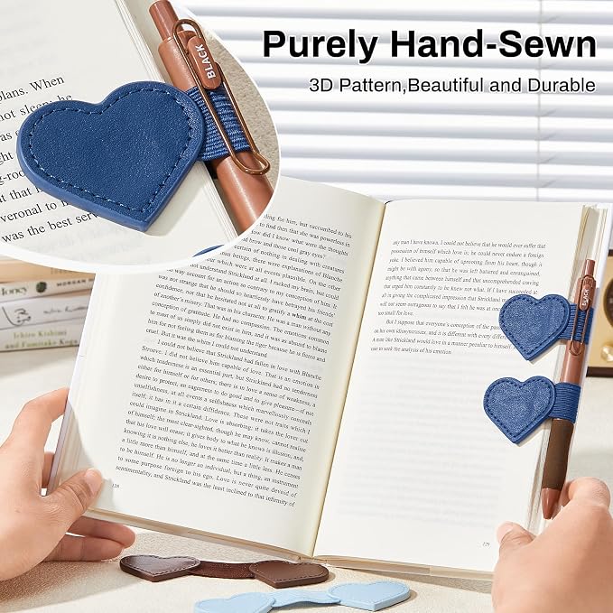 2Pcs Magnetic Leather Bookmarks with Gift Box, Heart-Shaped Magnetic Pen Holder Book Marks Clip Gift for Book Lover Readers Cute Bookmark for Women, Dark Blue