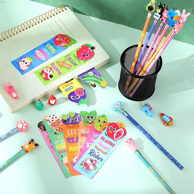 Teling 80 Pcs Scented Bookmarks and Pencils with Cute Toppers Set Fun Pencils Fruit Food Theme Scratch and Sniff Bookmarks Cartoon Pen Toppers Study Supplies(Novel Style)