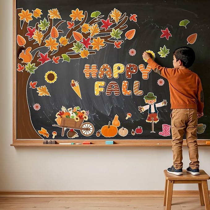 109Pcs Happy Fall Bulletin Board Decorations Set Autumn Thanksgiving Fall Tree Maple Pumpkin Leaf Scarecrow Cutouts with Glue Points for Home School Chalkboard Wall Decor