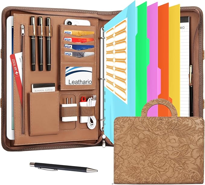 Leathario Portfolio Binder, Includes 5 Folder Index Dividers, 13 Inch Tablets Organizer with Handle, Vegan Leather A4 Padfolio, Multi-Pocket Notepad Business Planner Professional Document