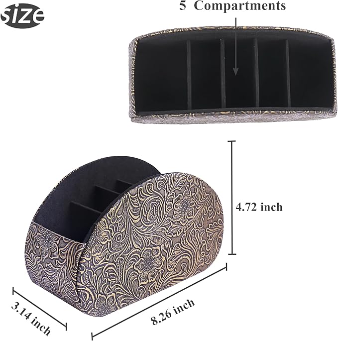 QIELIZI Remote Control Holder, PU Leather Remote Caddy Desktop Organizer with 5 Spacious Compartments for TV Remotes/Media Controllers/Office Supplies (1-Carved Copper Gold