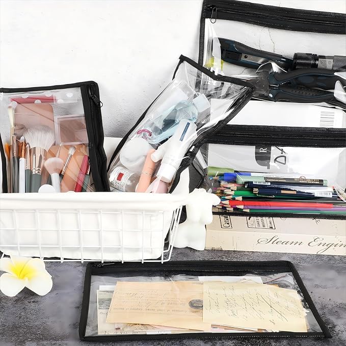 Ireer 18 Pcs Clear Zipper Pouches PVC Waterproof Pouch Bags Transparent Zipper Pouch Clear Storage Bags Multipurpose for Organizing Travel Cosmetics Document File (Black,11.5 x 7 Inch)