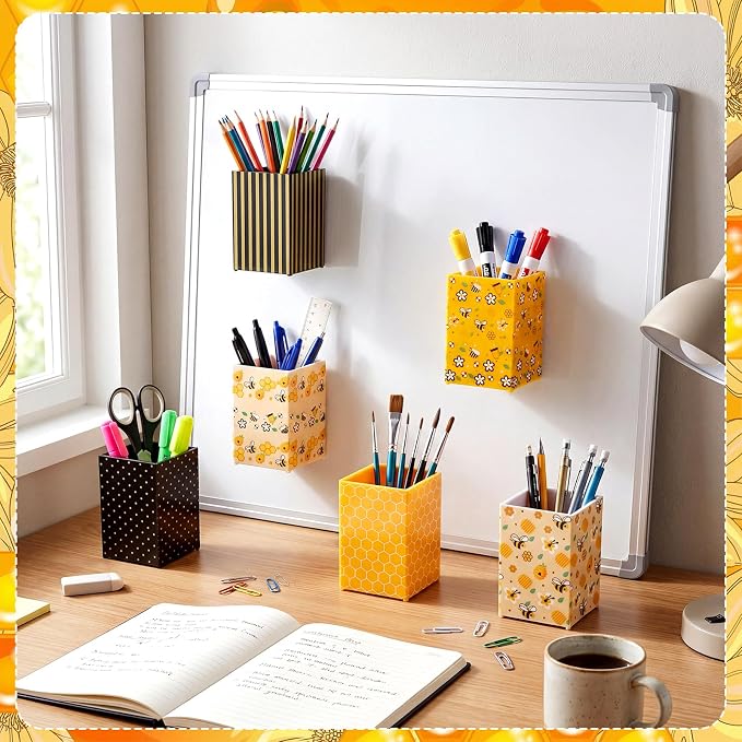 6 Pcs Bee Theme Classroom Decor Classroom Magnetic Storage Boxes Magnetic Storage Containers Plastics Pen Holder for Refrigerator Whiteboard Home Office School Organizer Supply