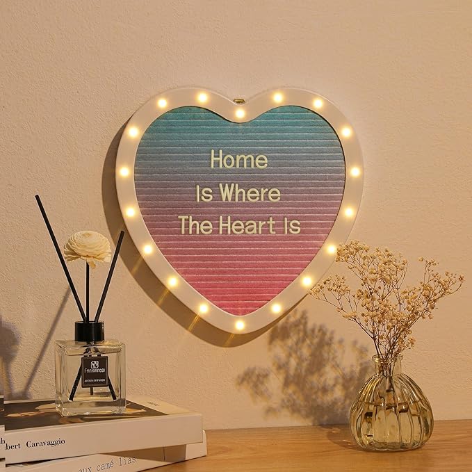 Heart-Shaped Felt Letter Board with Built-in LED Lights,10x10 Light-up Message Board with 663 Pre-Cut Letters,Cursive letters for Valentine’s Day Birthday Party,Pregnancy Announcement,Wedding