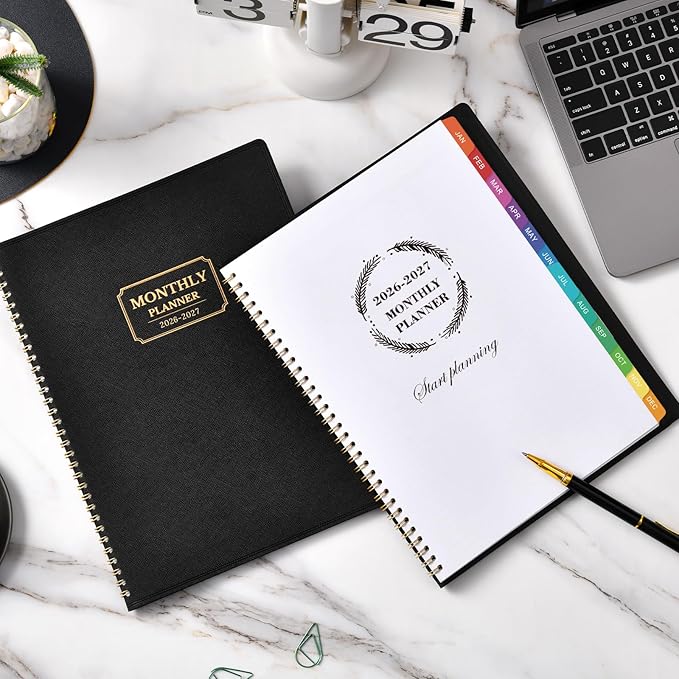 Monthly Planner 2026-2027 - Planner 2026-2027, Jul. 2026 - Dec.2027, 18 Monthly Planner with Colorful Tabs, 8.86" x 11.4", Saffiano Leather, Black Leather