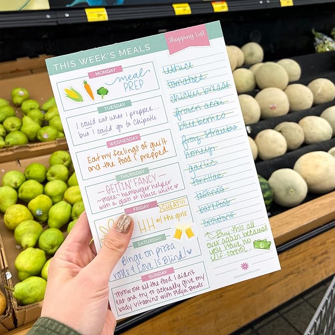 bloom daily planners Weekly Meal Planning Pad - Magnetic Hanging Refrigerator Menu Planner with Tear-Off Sheets & Perforated Grocery Shopping Lists - 6” x 9” (Pink & Teal)