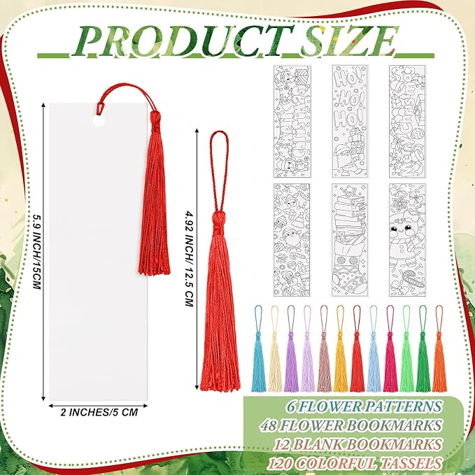 Sinmoe 120 Pcs Christmas DIY Color Your Own Bookmarks 6 Styles Watercolor Bookmarks to Paint Card Stock Paper Watercolor Colorful Tassels Craft for Classroom Projects Gifts Tags 5.9 x 2 Inch(Santa)