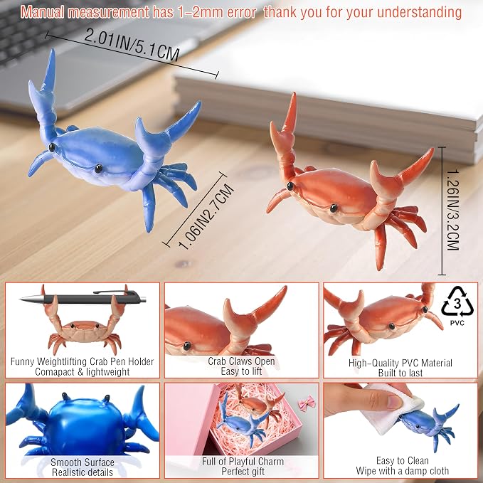 2PCS Desk Crab Pen Holder,Creative Crab Shaped Pen Holder for Desk,Weightlifting Crab Pencil Holders,Crabs Penholder Bracket Storage,Funny Desk Decor for Small Items at Home,Office ,School,Shop Window