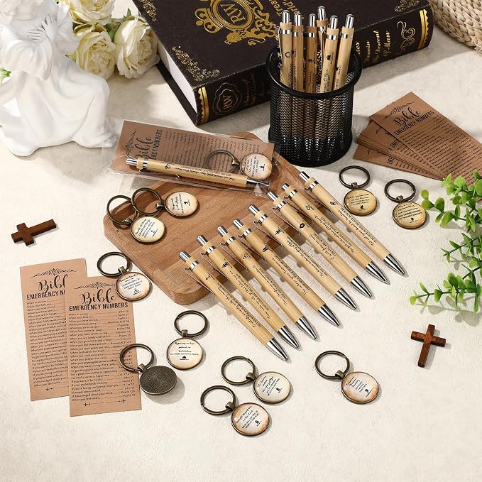 Dunzoom 25set 75pcs Fathers Day Christian Gift Emergency Numbers Bookmark Bible Verse Pen Religious Scripture Keychain for Women Men Coworker Church Prayer Baptism Souvenir Study Group(Wood Color)