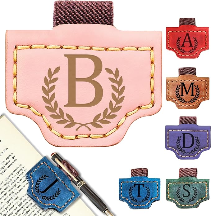 Personalized Leather Magnetic Bookmark with Pen Holder, Bookmark 26 Letters Name Initial Bookmarks for Readers, Book Lover Gifts for Women Men Notebook Accessories (Pink, B)