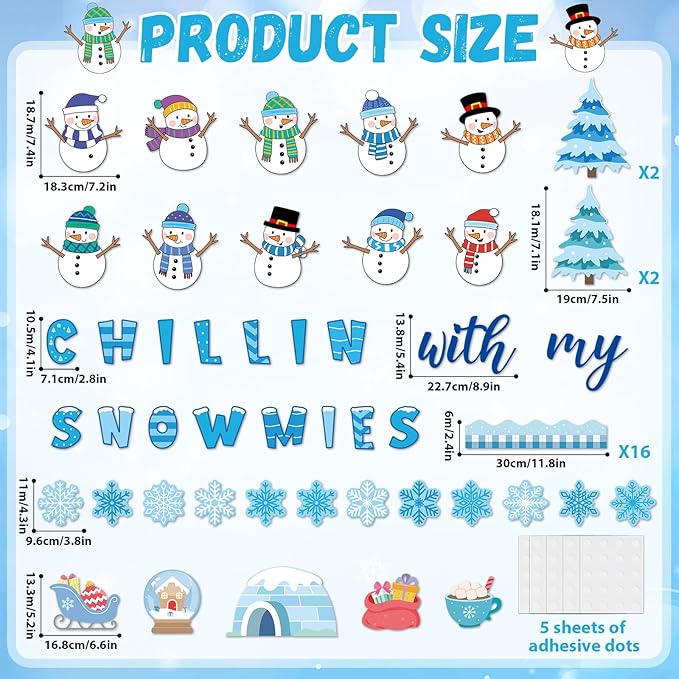 Winter Bulletin Board Decoration Set Christmas Snowman Classroom Decoration Chillin with My Snowmies DIY Photo Bulletin Board Tree Snowflake Cutouts for Holiday Party School Home Chalkboard Wall Decor