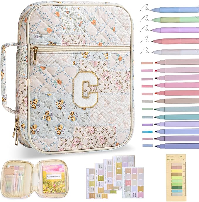 Initial Bible Cover Case for Women Girls Kid Large Bible Cover with Durable Handle Quilted Bible Carrying Case for Girls Bible Study Supplies Accessories (Spliced Flower C, one Size)