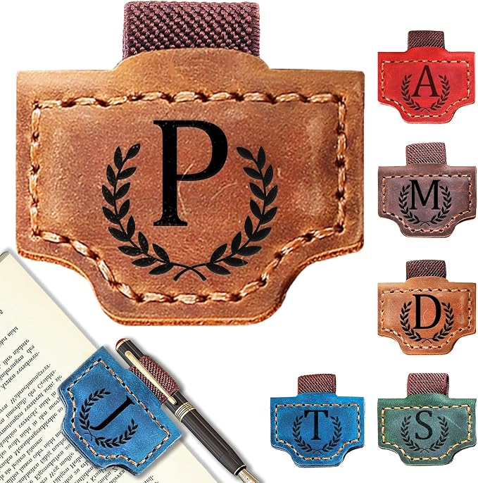 Personalized Leather Magnetic Bookmark with Pen Holder, Bookmark 26 Letters Name Initial Bookmarks for Readers, Book Lover Gifts for Women Men Notebook Accessories (Brown, P)