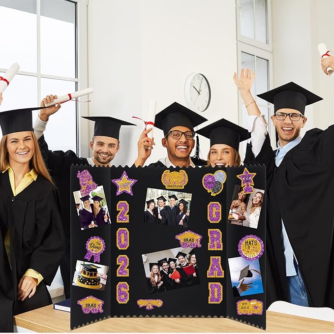 AmazingSpark 4 Sets Graduation Photo Display Board Trifold Poster Board with 12 Graduation Themed Stickers for 2026 Grad Party Decoration Picture Collage Frame Supplies (24 x 16,Purple Gold)